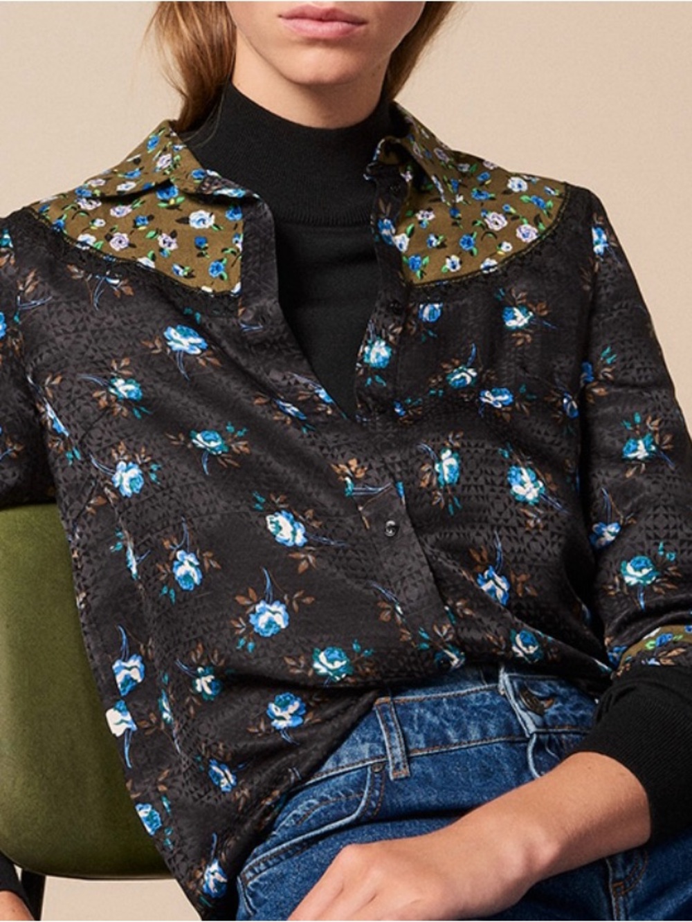 NWT Sandro Floral Printed Blouse/Shirt Button Down Lace Top (Size US S/1) Collar